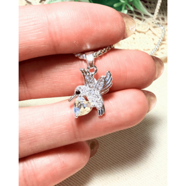 CADENA COLIBRI CON PIEDRA CORAZON DE CRISTAL